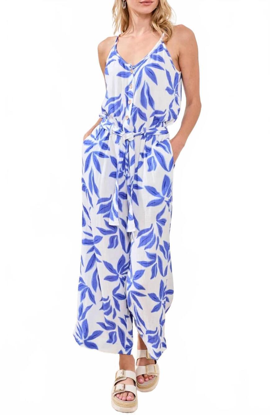 NEW TRIBAL button front jumpsuit in baja blue
